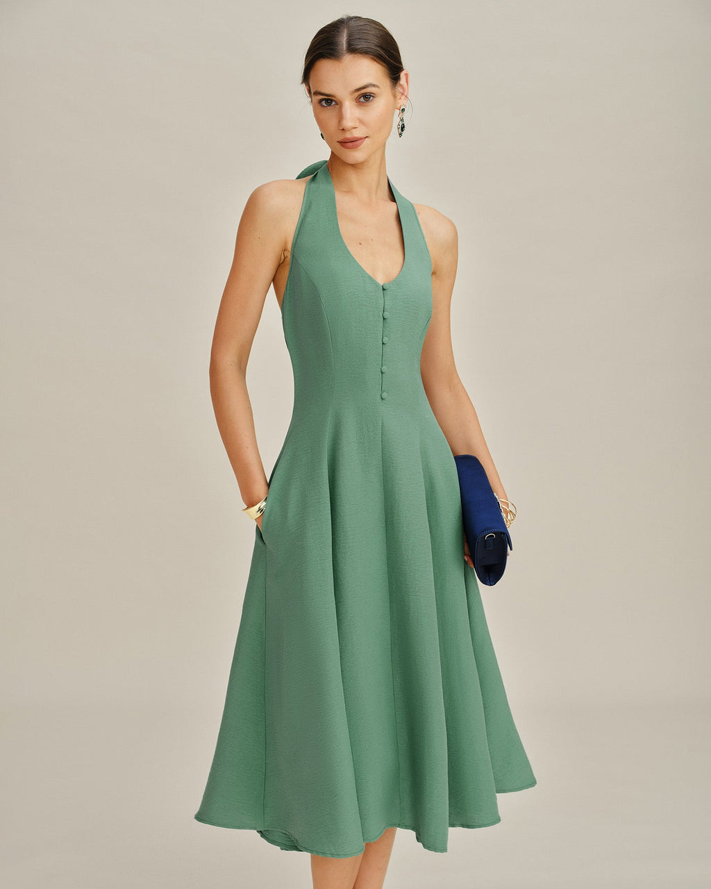 Green Midi Dress with Halter Neck and Button Pockets