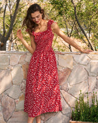 Floral Midi Dress with Red Square Neck