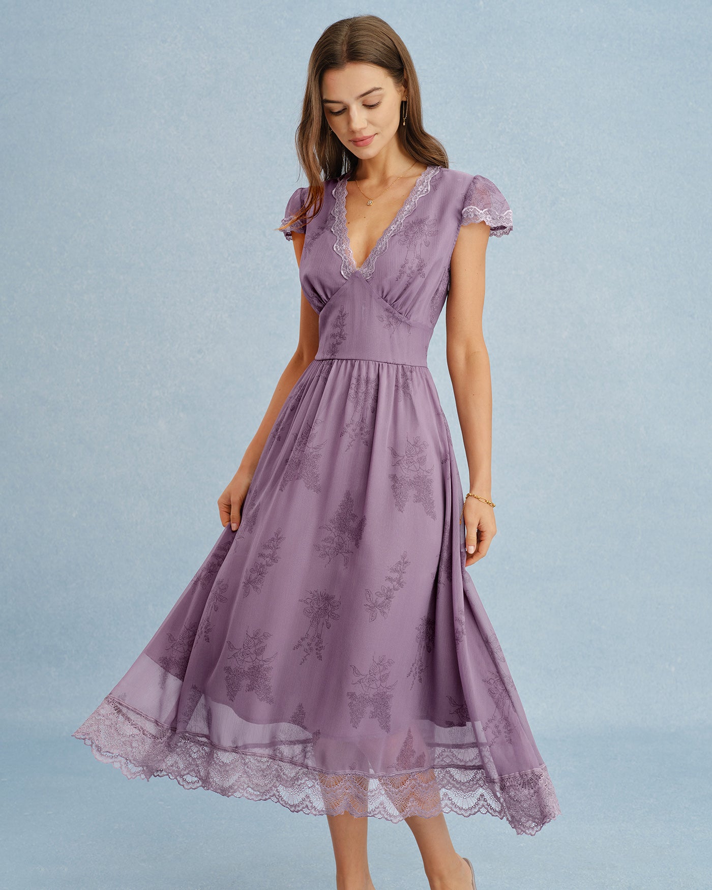 Purple Midi Dress with V-Neck and Lace Details
