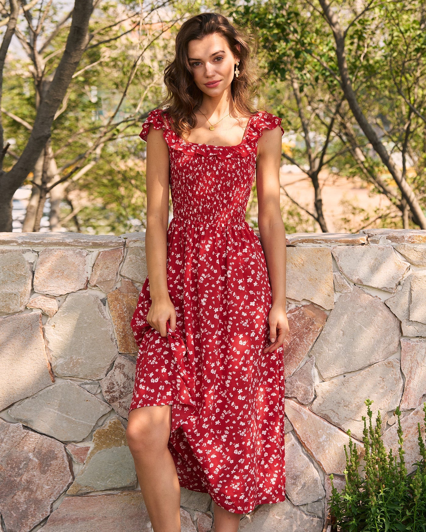 Floral Midi Dress with Red Square Neck