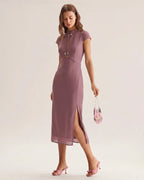 Chiffon Midi Dress with Purple Mandarin Collar