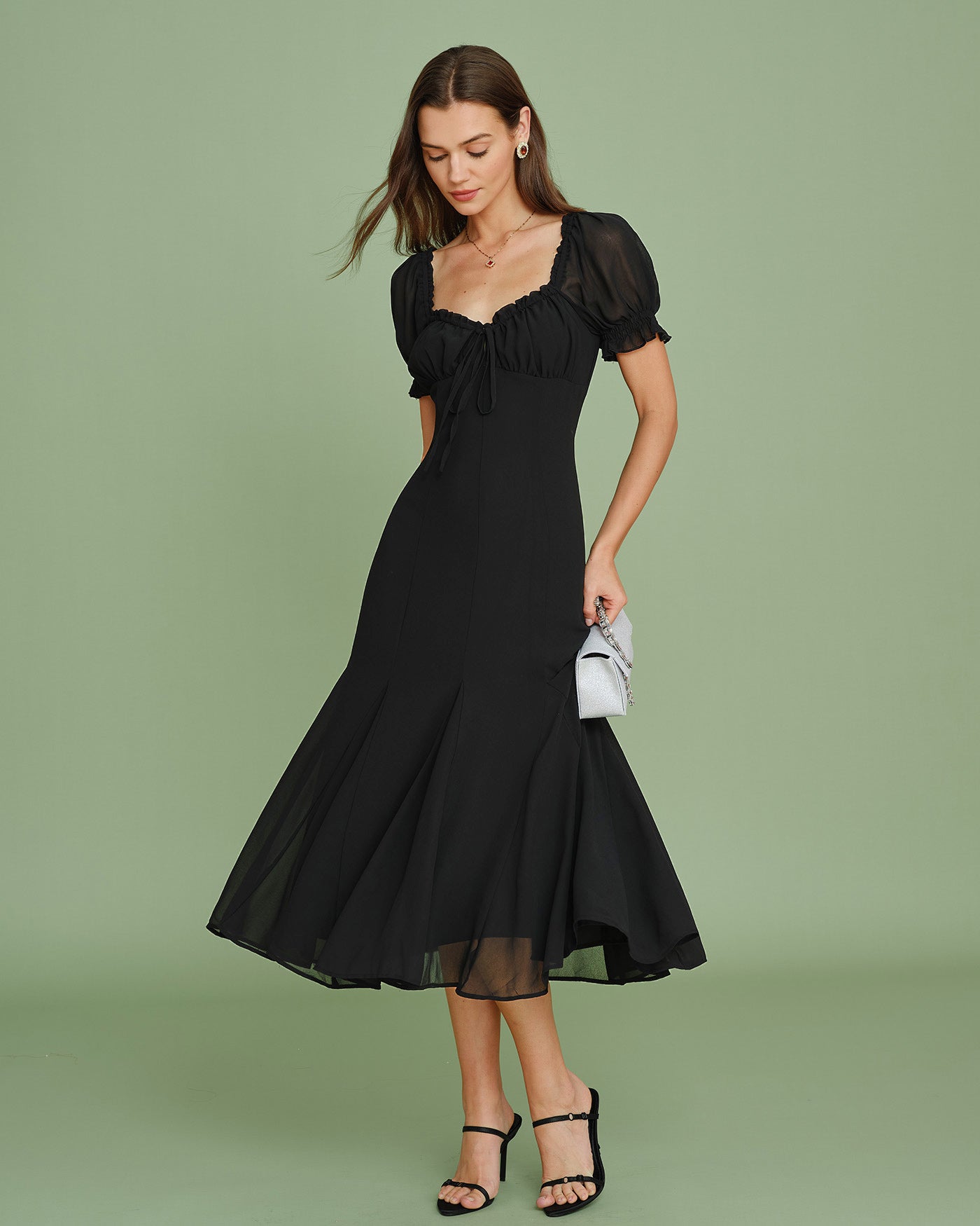 Black Midi Dress with V-Neck and Puffed Sleeves
