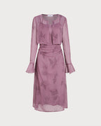 Ruched Midi Dress with Purple Floral Print