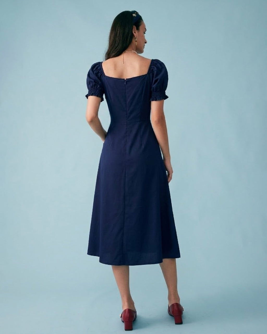 Navy Midi Dress with V-Neck and Puffed Sleeves