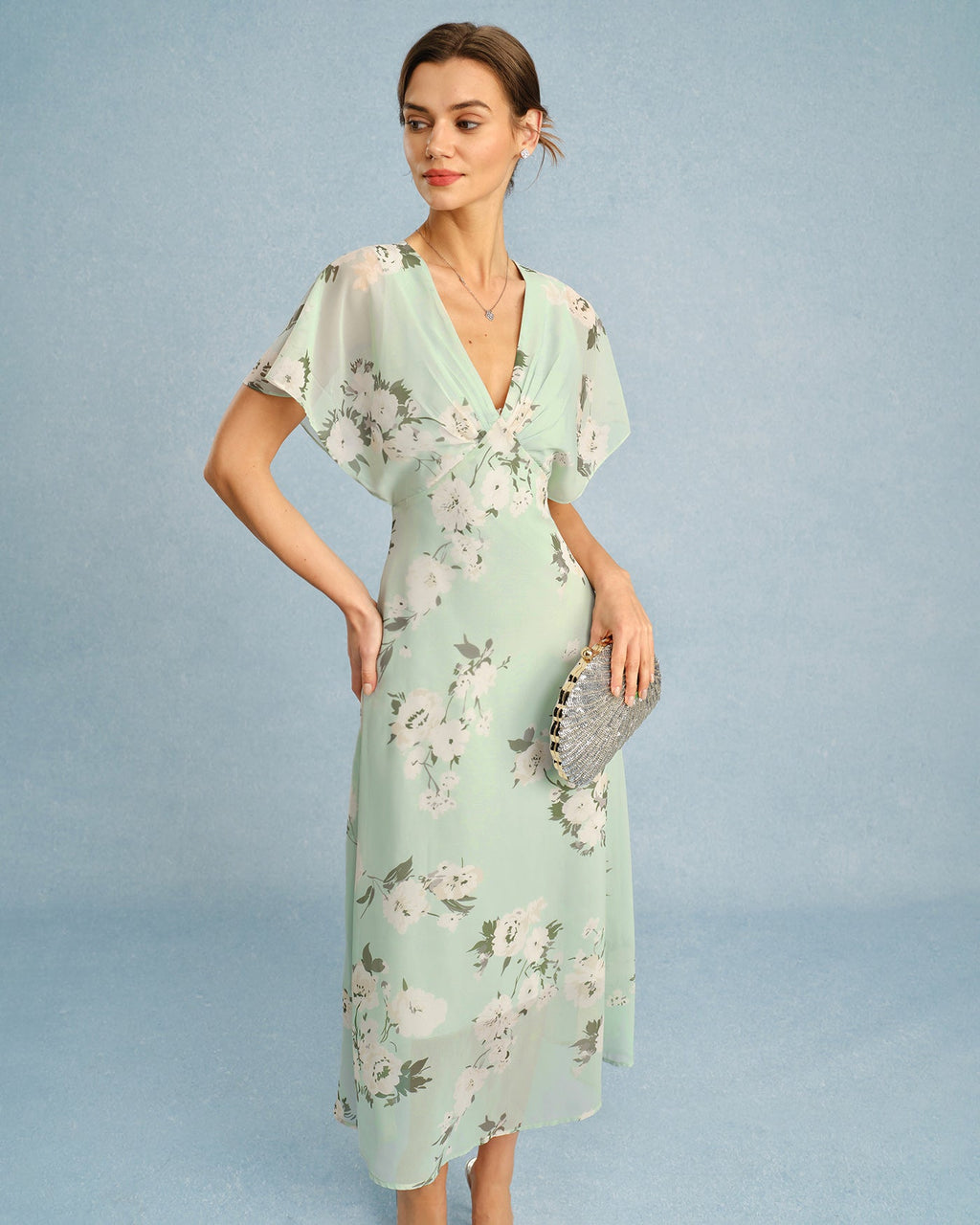 Floral Chiffon Midi Dress in Green with V-Neck