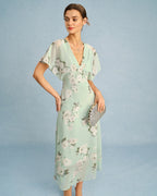 Floral Chiffon Midi Dress in Green with V-Neck