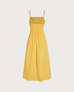 Yellow A-Line Midi Dress with Shirred Details