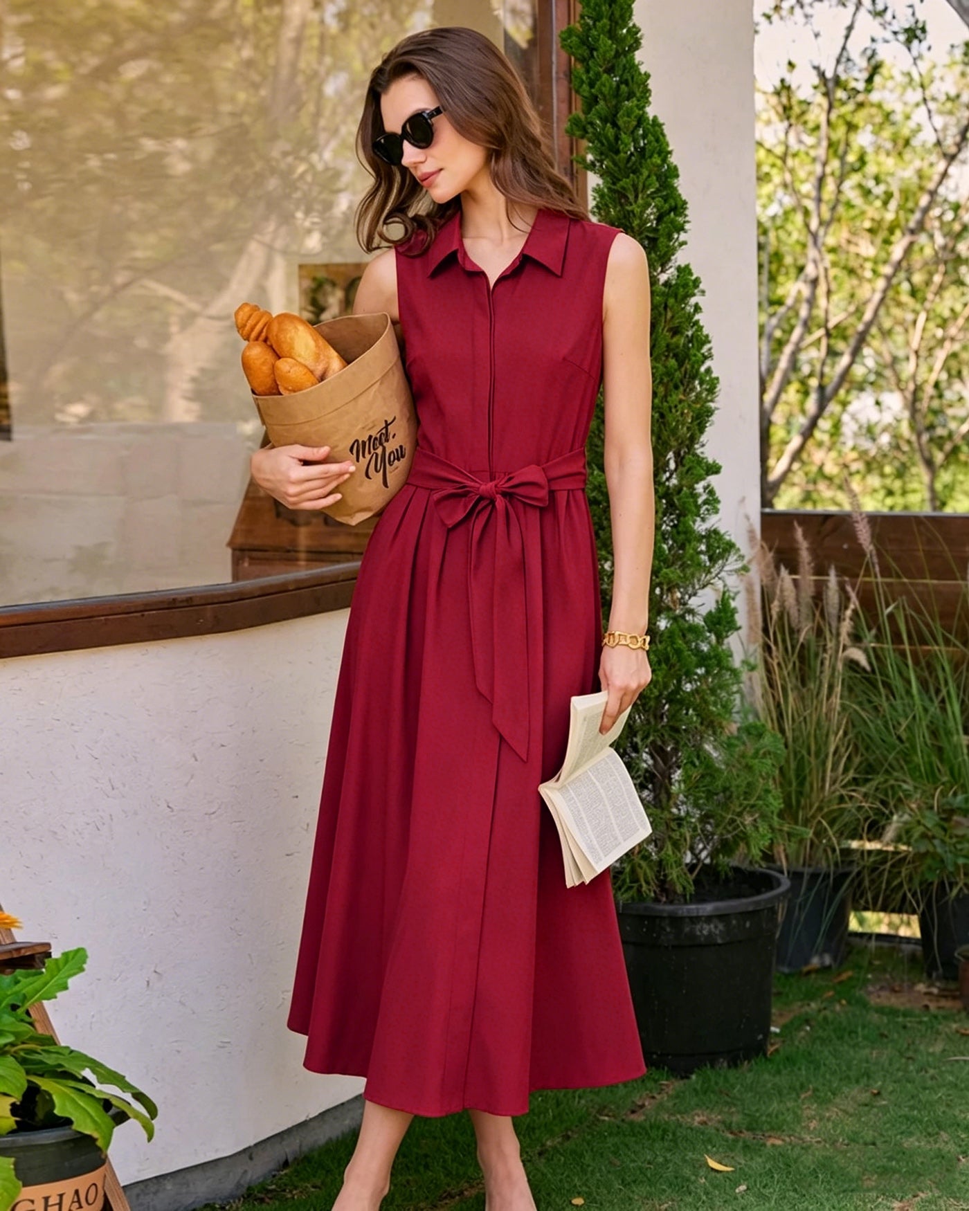 Red Button-Up Midi Dress with Collar