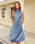 Blue Satin Halter Neck Midi Dress