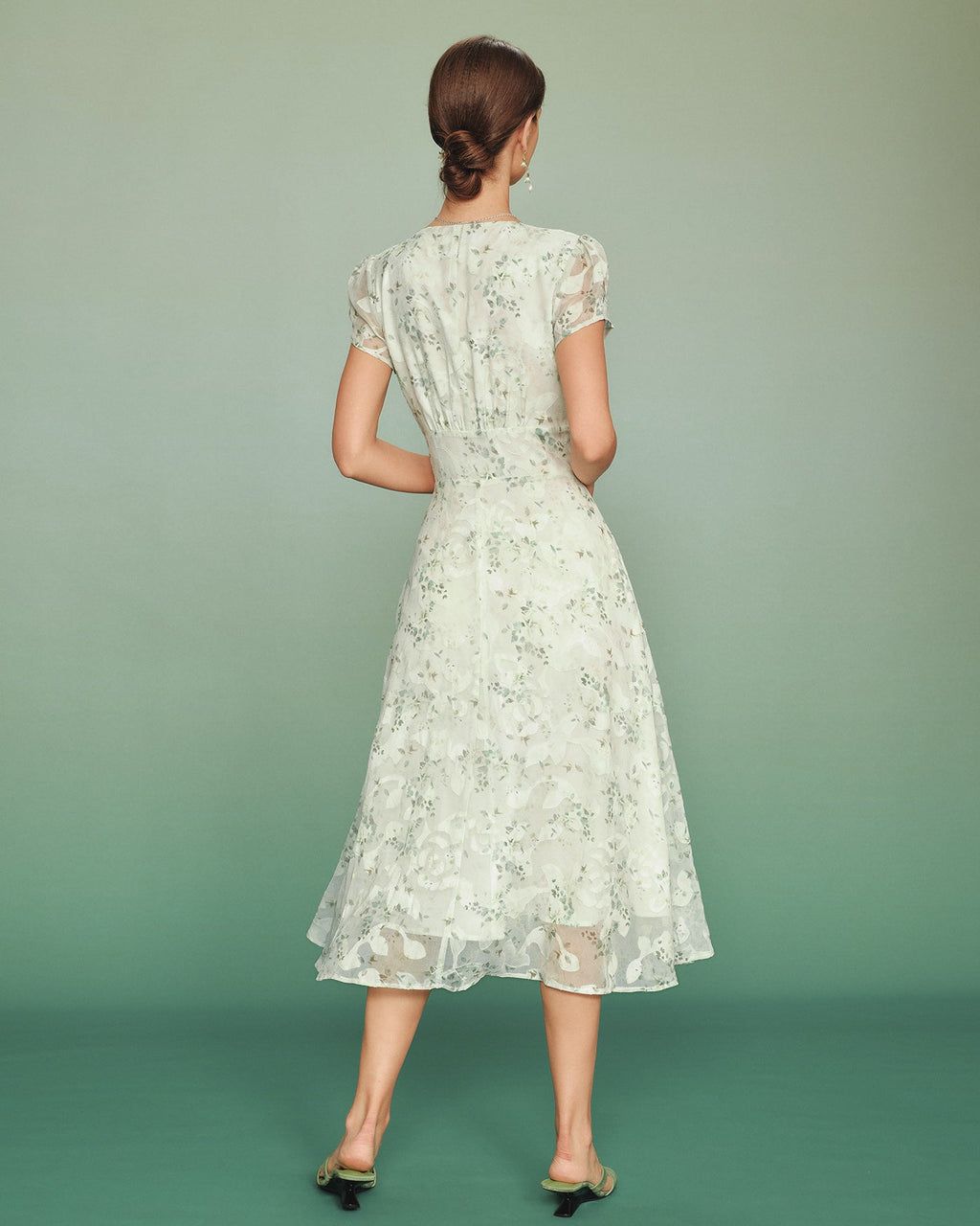 Floral Midi Dress with Green Puffed Sleeves