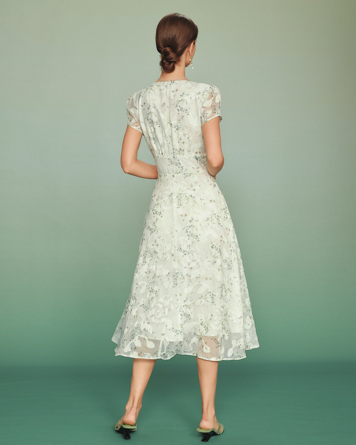 Floral Midi Dress with Green Puffed Sleeves