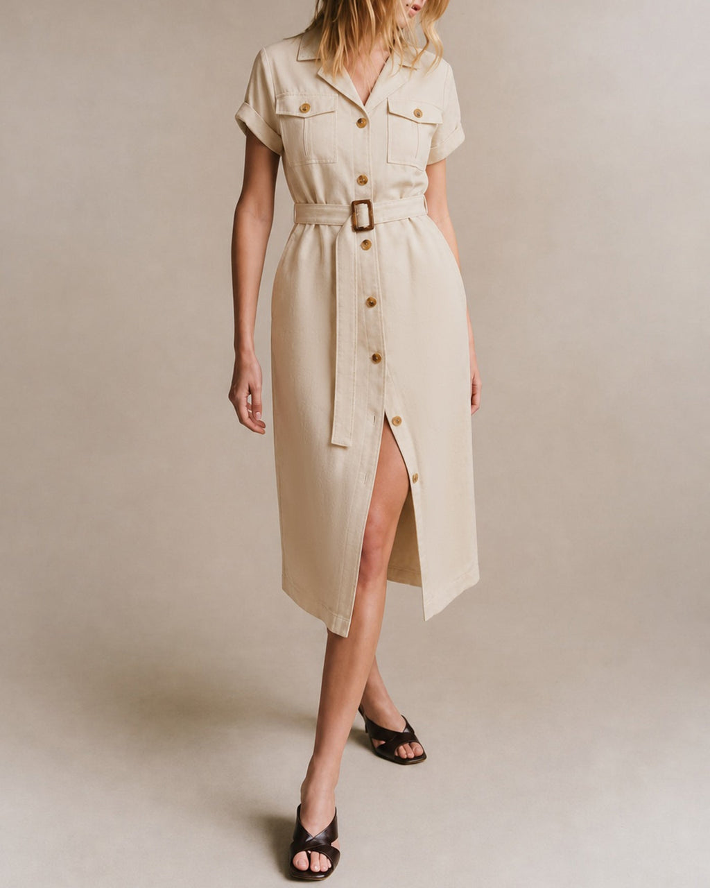 Apricot Midi Dress with Button Belt Detail