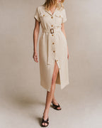 Apricot Midi Dress with Button Belt Detail