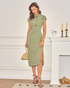 Chiffon Midi Dress with Green Mandarin Collar