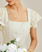 Beige Jacquard Midi Dress with Square Neckline
