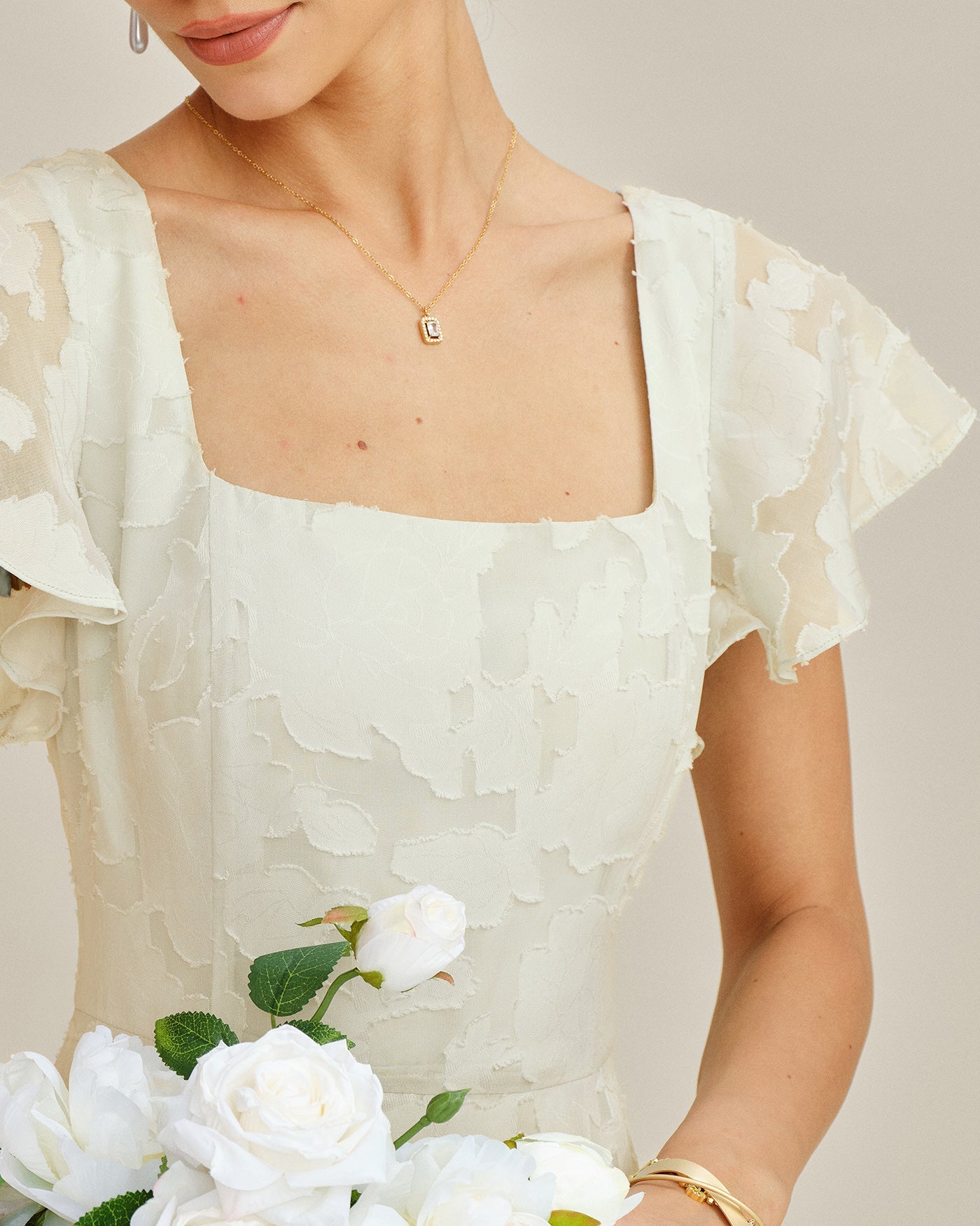 Beige Jacquard Midi Dress with Square Neckline