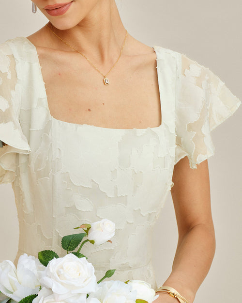 Beige Jacquard Midi Dress with Square Neckline