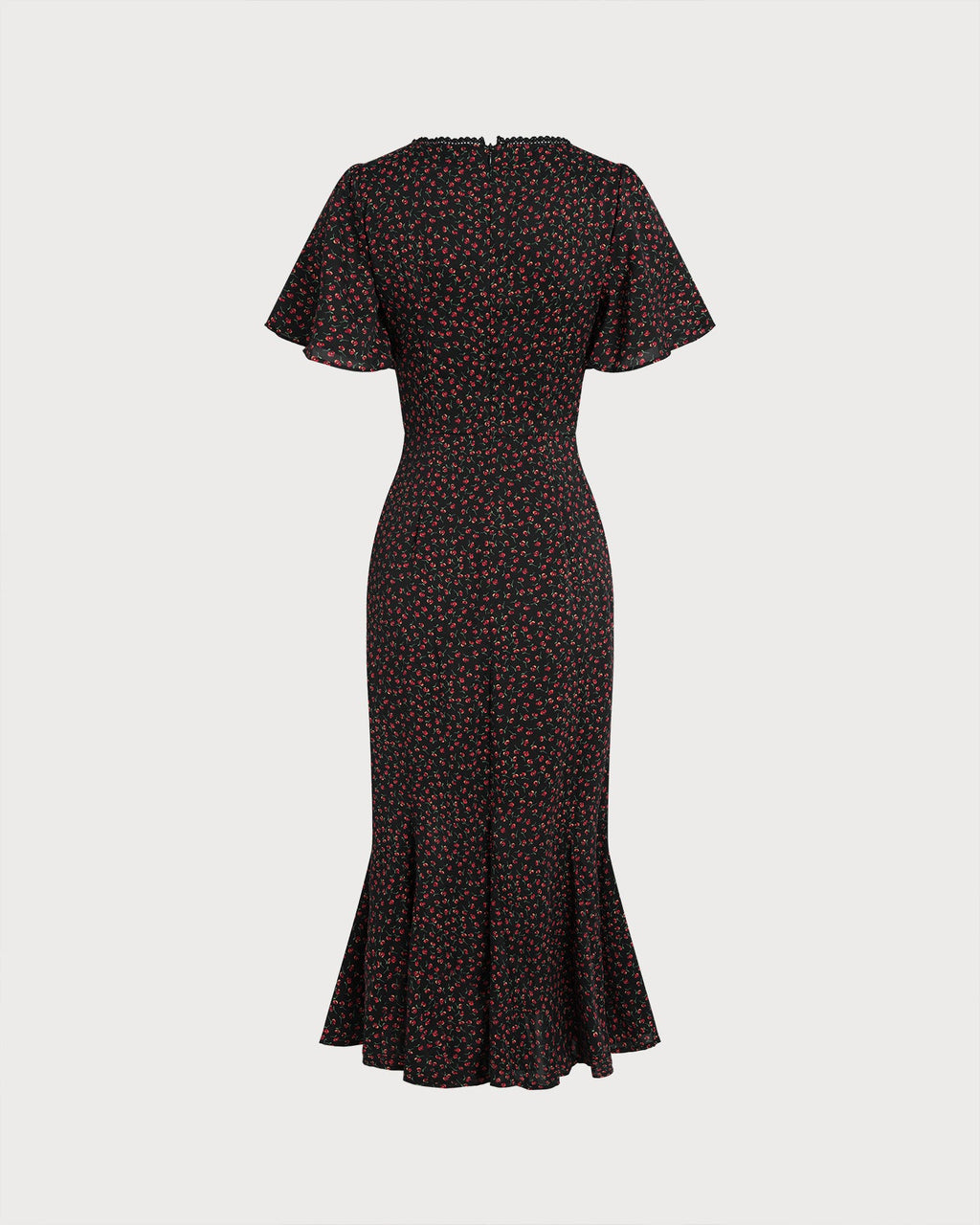 Floral Midi Dress with Black Square Neck and Butterfly Sleeves