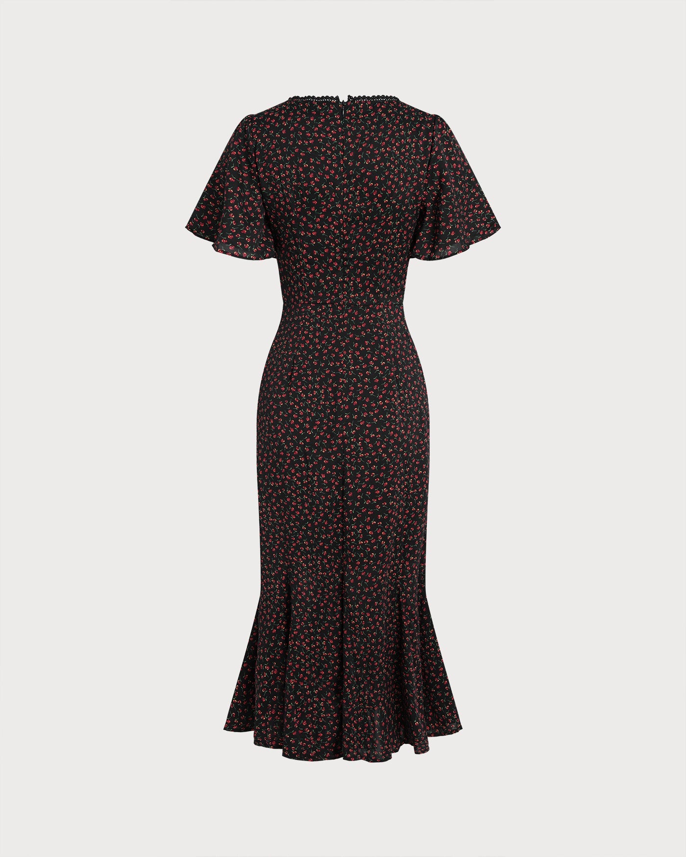 Floral Midi Dress with Black Square Neck and Butterfly Sleeves