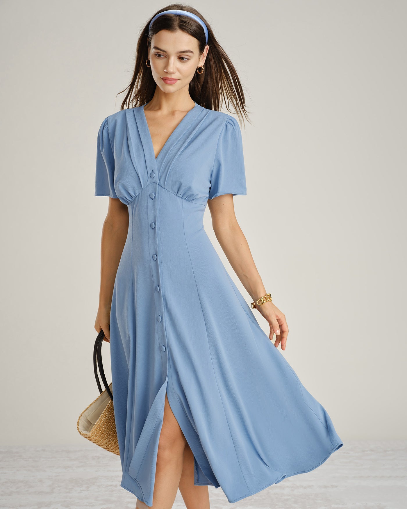Ruched Blue Midi Dress with V-Neck and Button Details