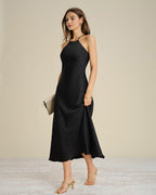 Black Satin Midi Dress with Halter Tie