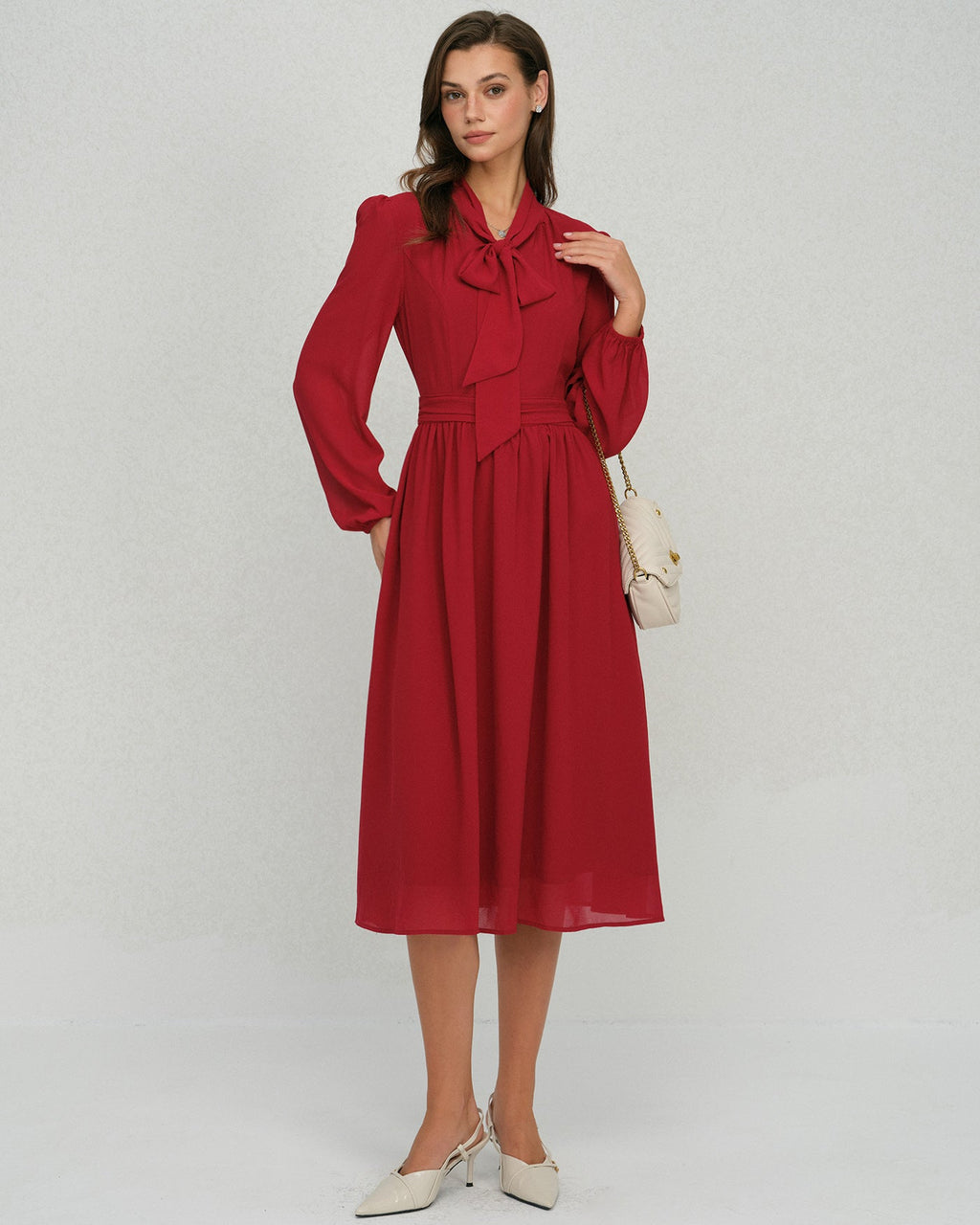 Wine Red Chiffon Midi Dress with Lantern Sleeves