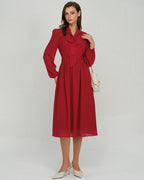 Wine Red Chiffon Midi Dress with Lantern Sleeves
