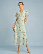 Floral Chiffon Midi Dress in Green with V-Neck