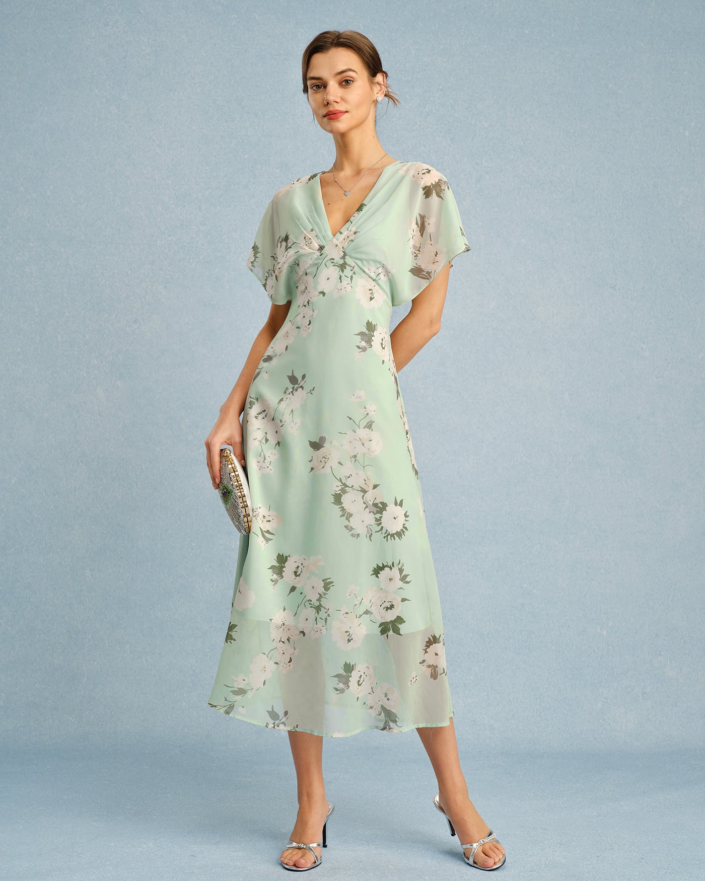 Floral Chiffon Midi Dress in Green with V-Neck