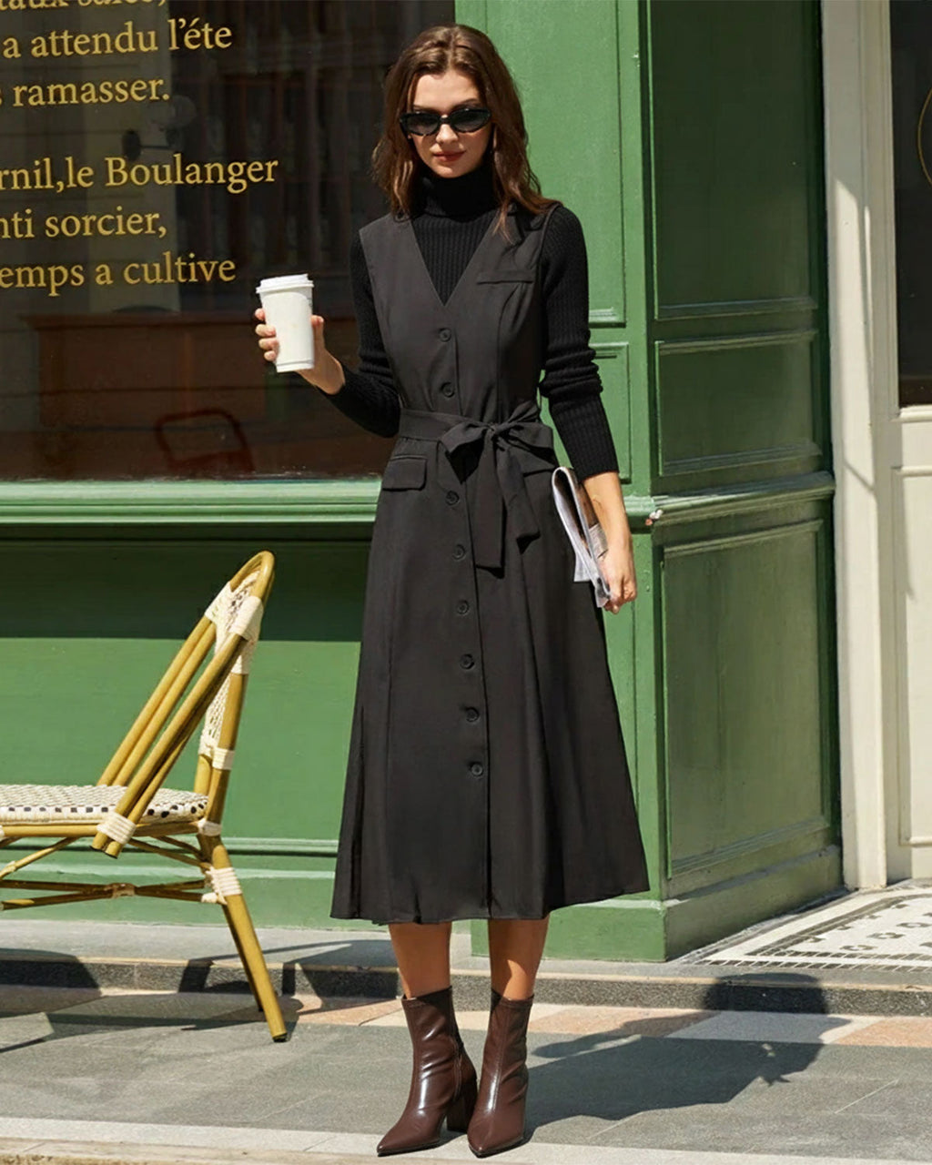 Black Sleeveless Midi Dress with V-Neck and Belt