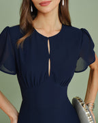 Navy Chiffon Midi Dress with Cut-Out Details