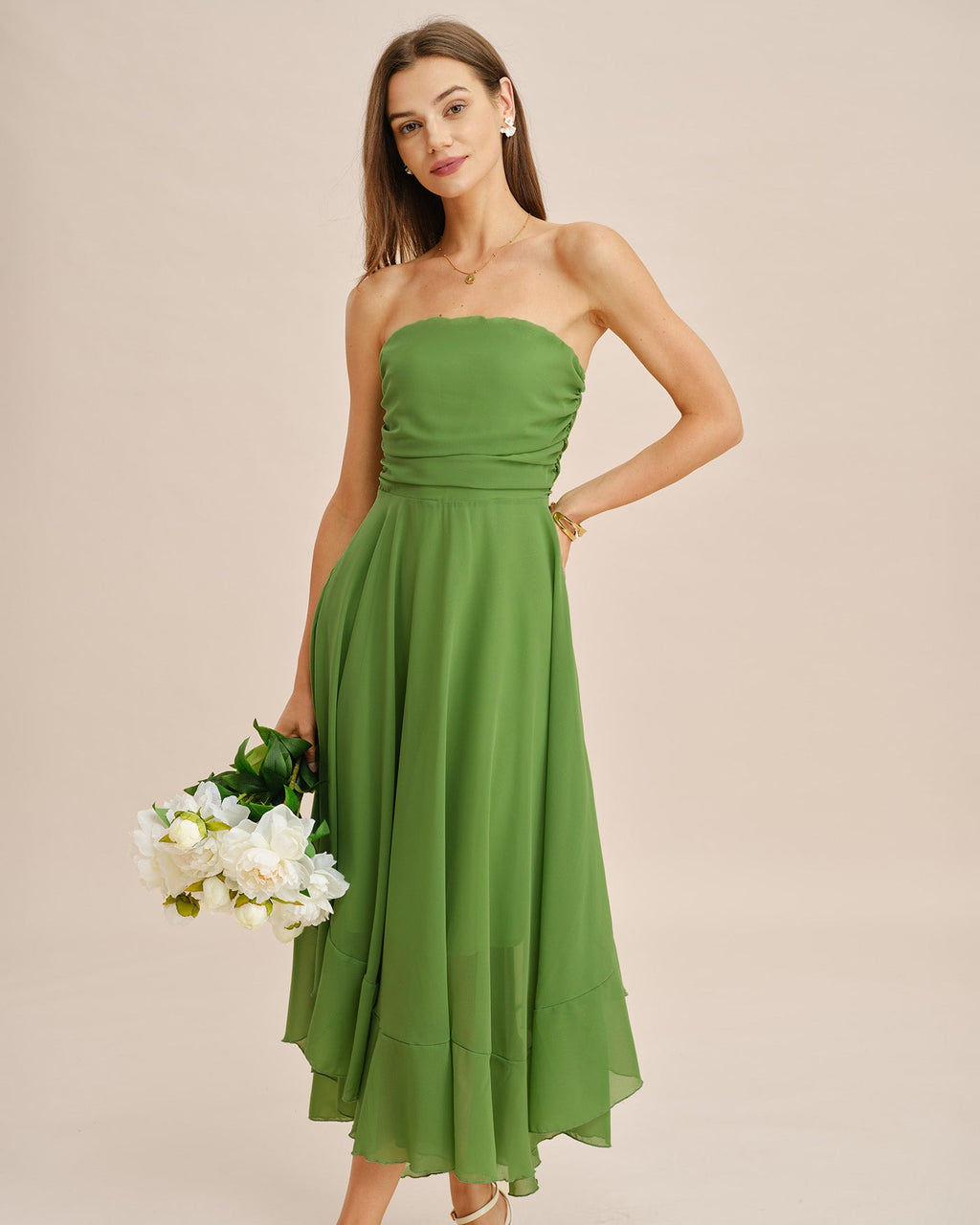 Flowy Green Strapless Midi Dress