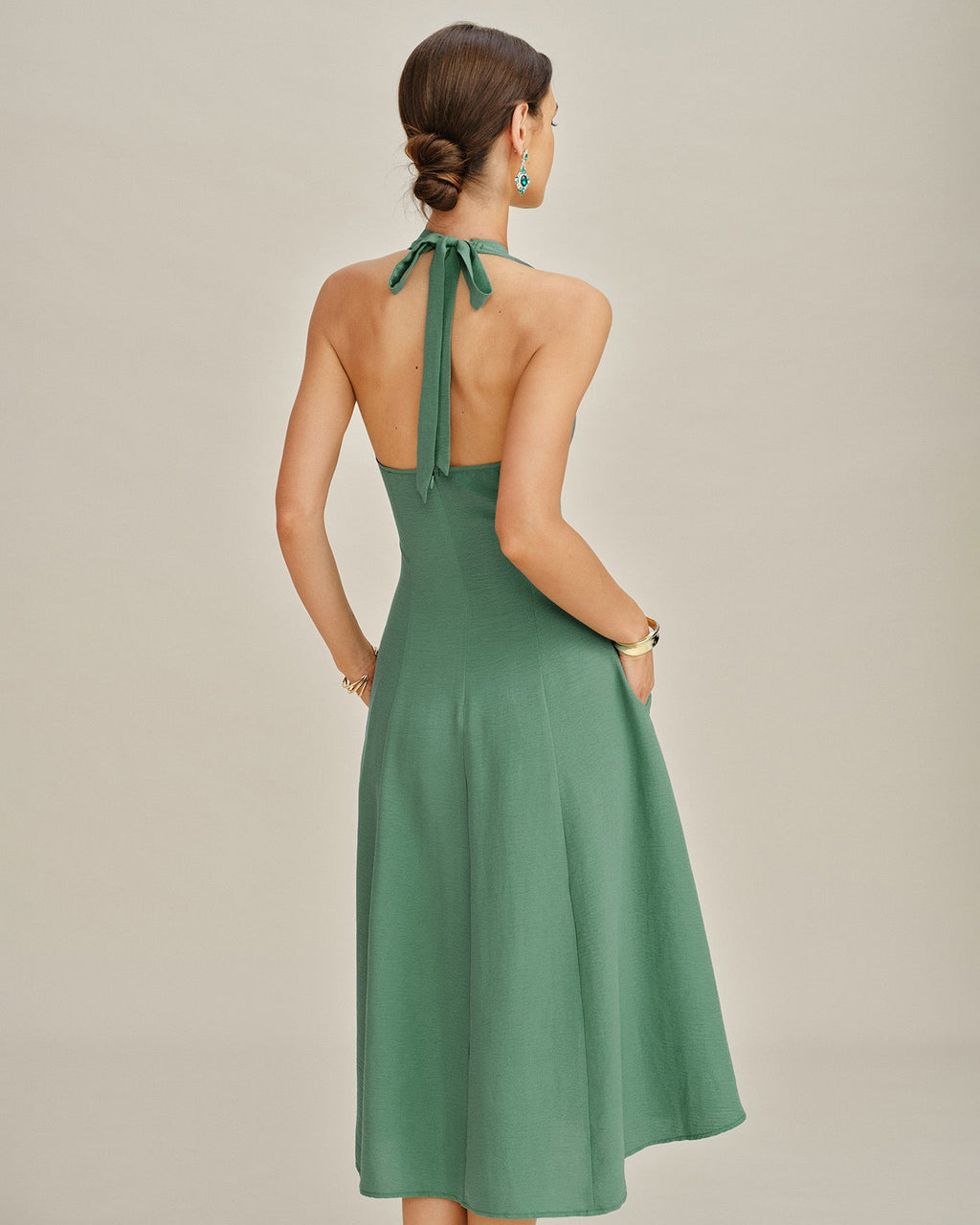 Green Midi Dress with Halter Neck and Button Pockets