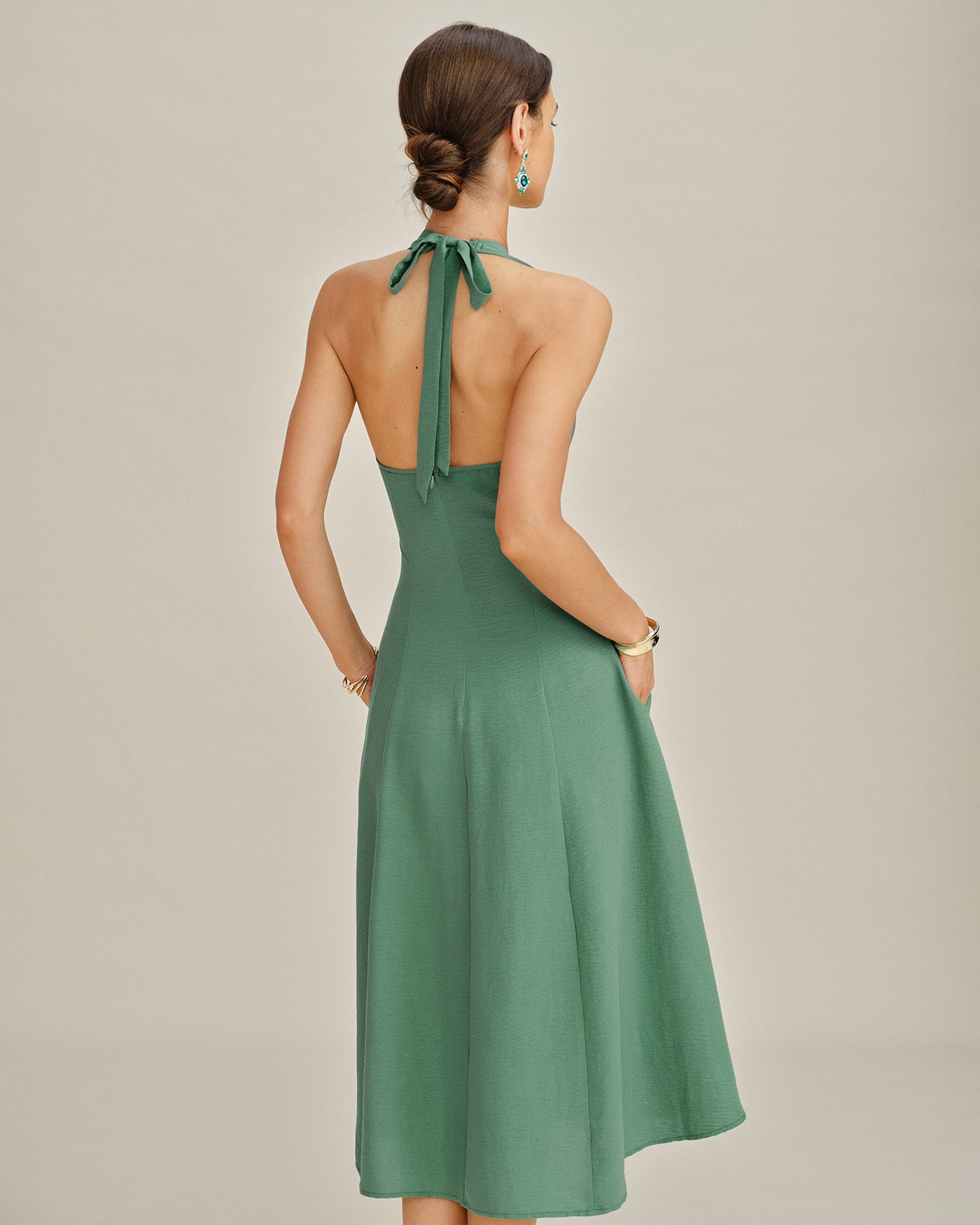 Green Midi Dress with Halter Neck and Button Pockets