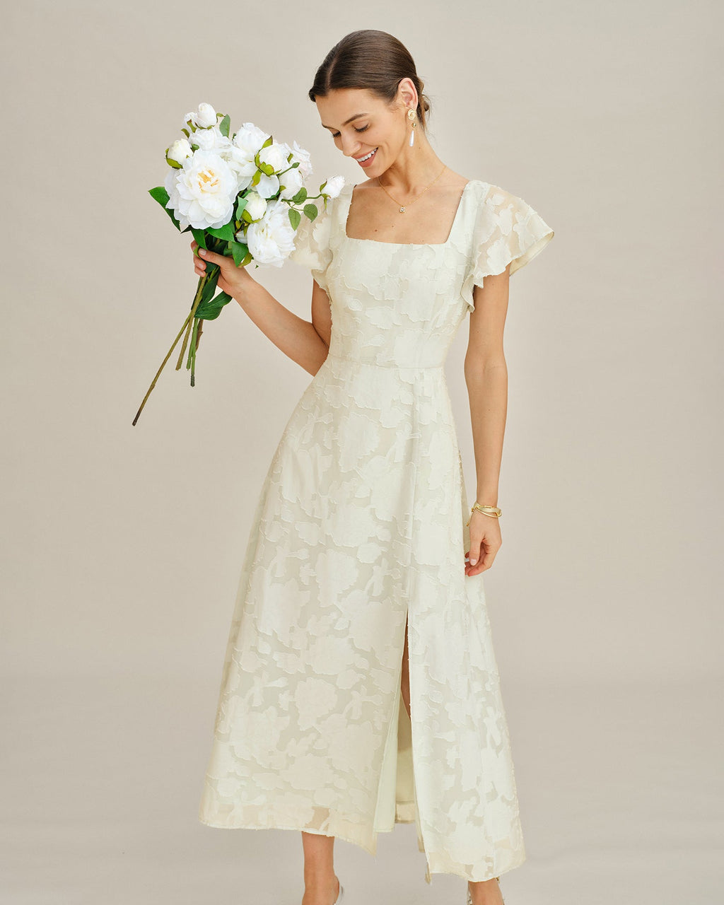 Beige Jacquard Midi Dress with Square Neckline