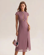 Chiffon Midi Dress with Purple Mandarin Collar