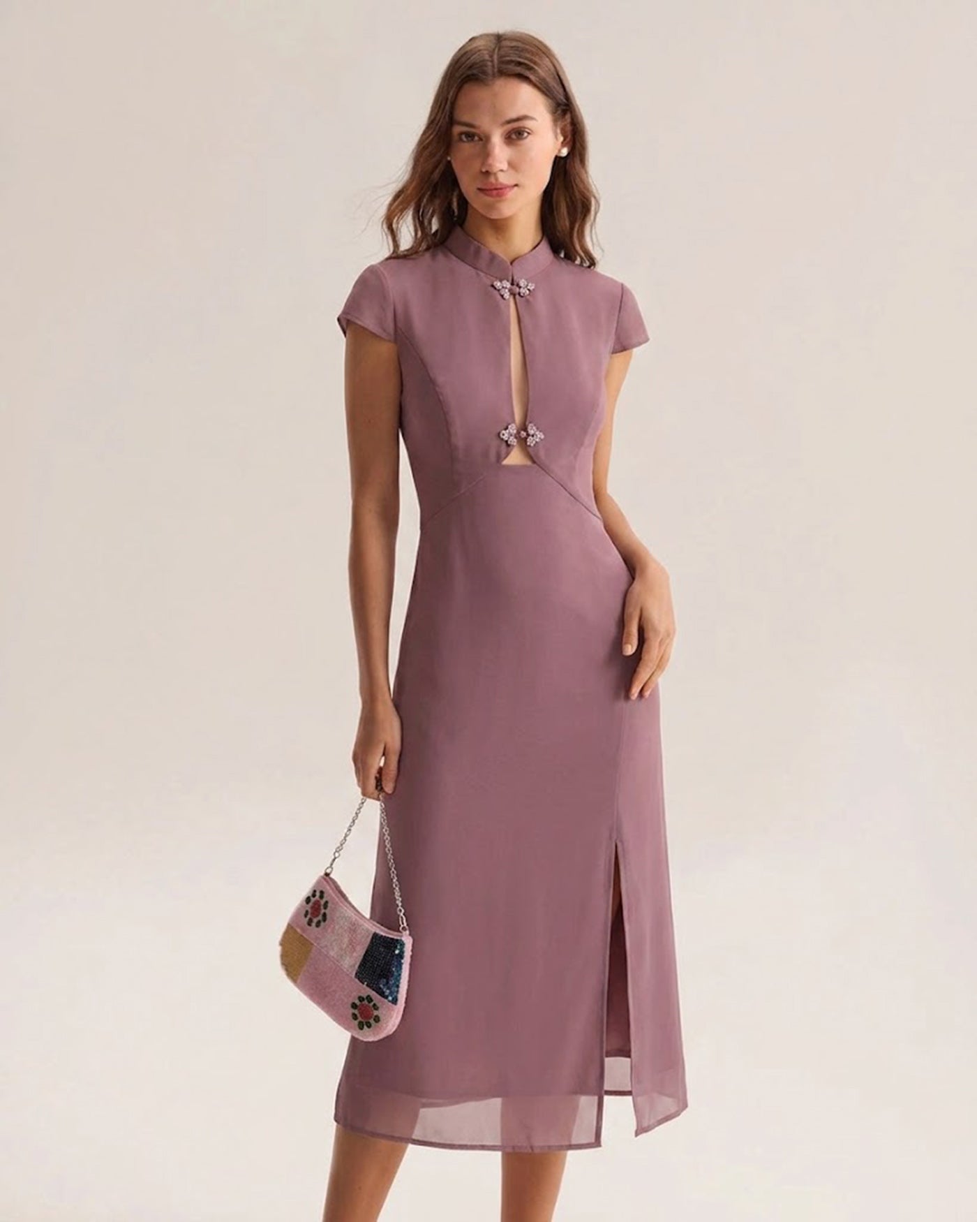 Chiffon Midi Dress with Purple Mandarin Collar