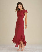 Red Ruffled Midi Dress with Boat Neck