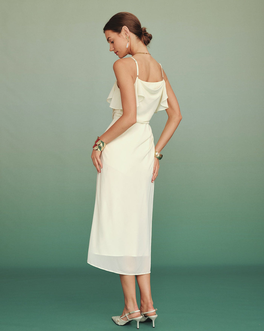 Chiffon Midi Dress with Apricot Ruffle Details