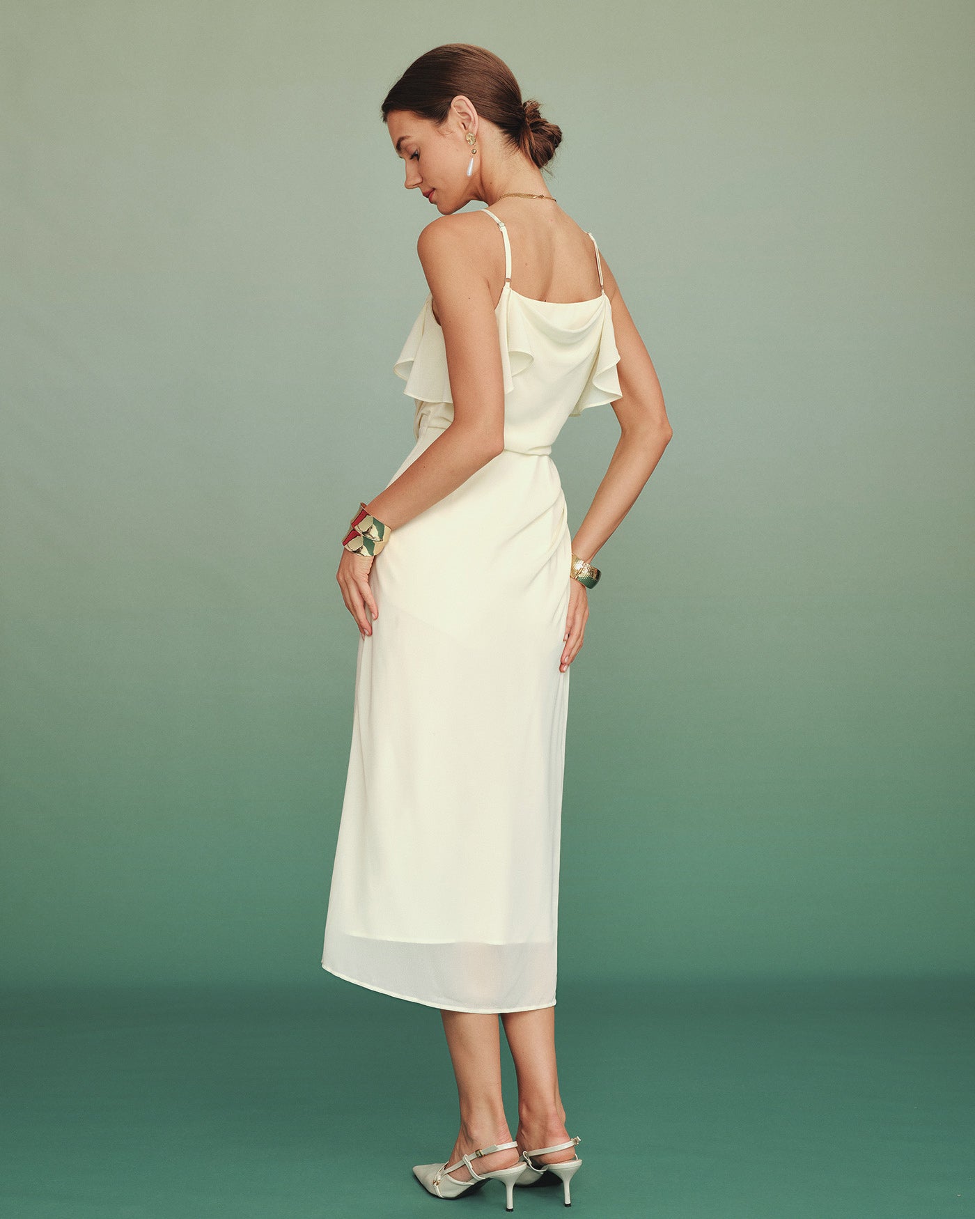 Chiffon Midi Dress with Apricot Ruffle Details