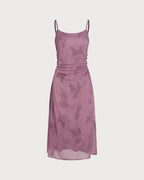Ruched Midi Dress with Purple Floral Print