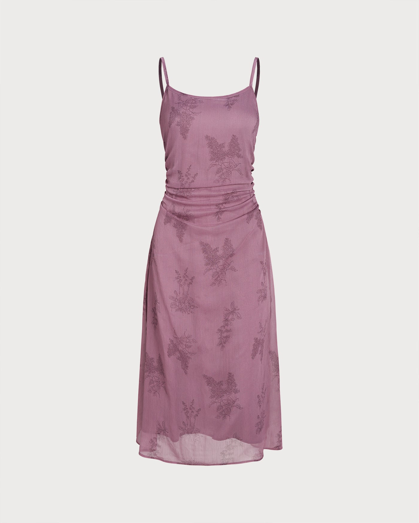 Ruched Midi Dress with Purple Floral Print