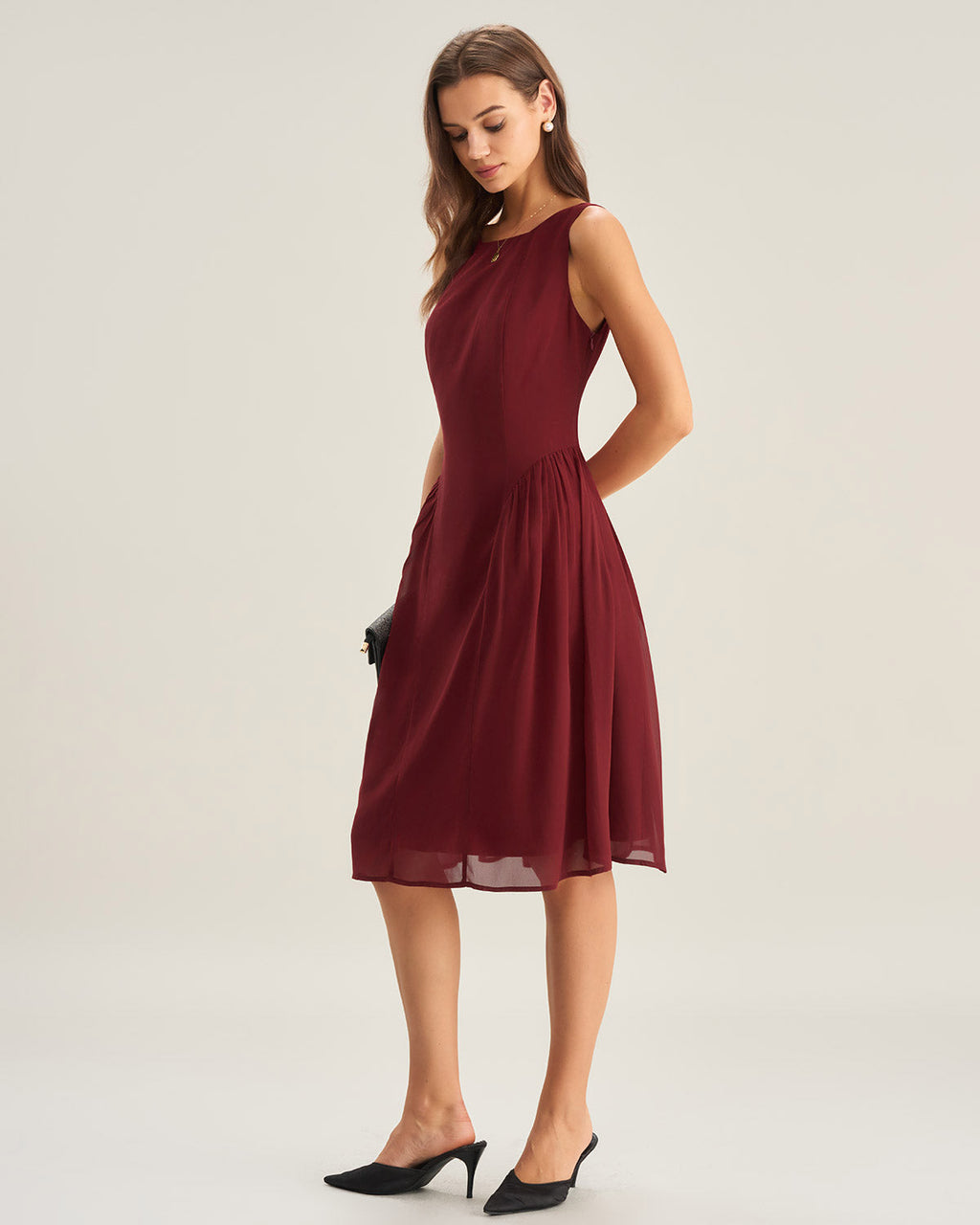 Wine Red Sleeveless Midi Dress in Chiffon