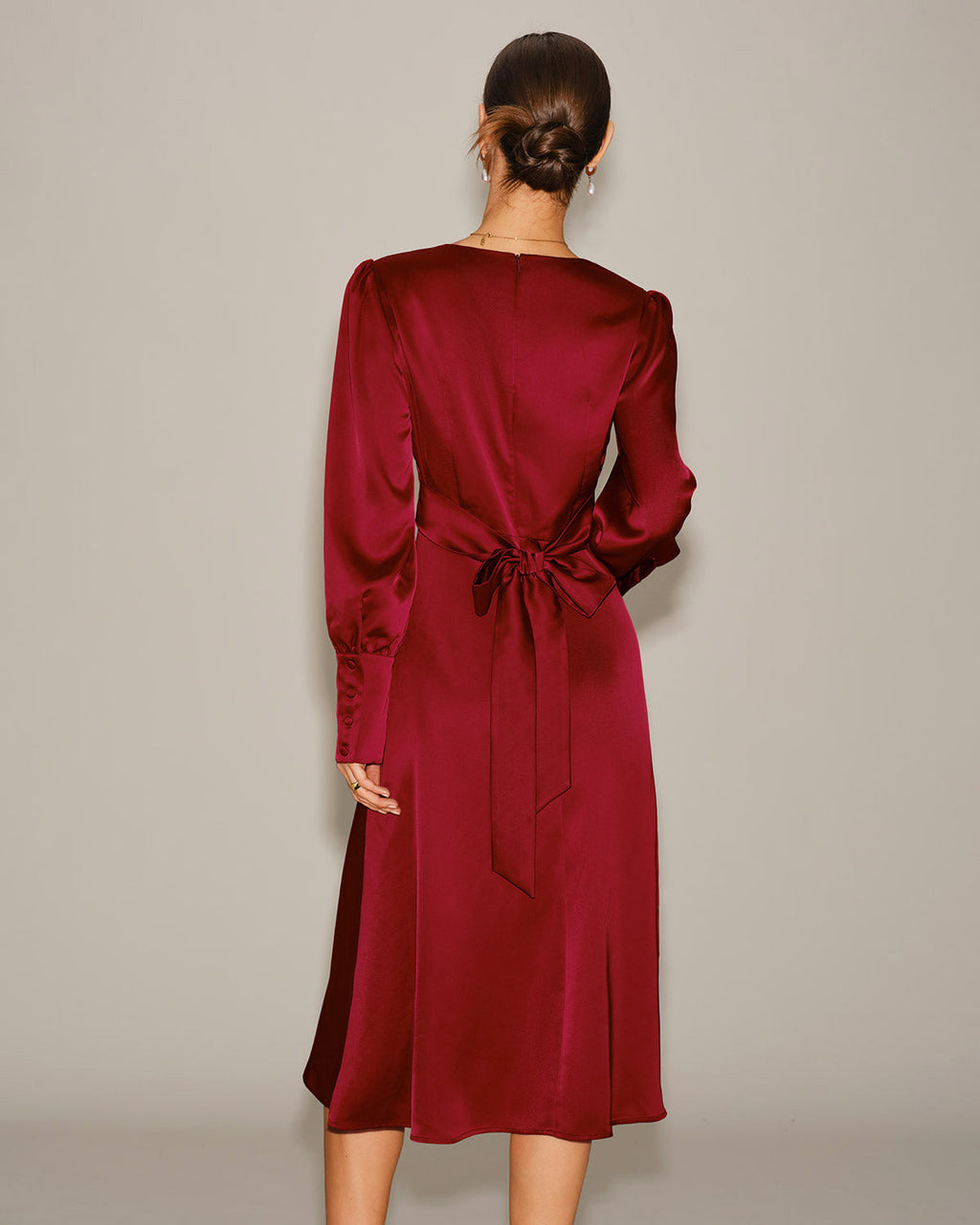 Wine Red Satin Midi Dress with A-Line Silhouette