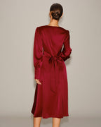 Wine Red Satin Midi Dress with A-Line Silhouette