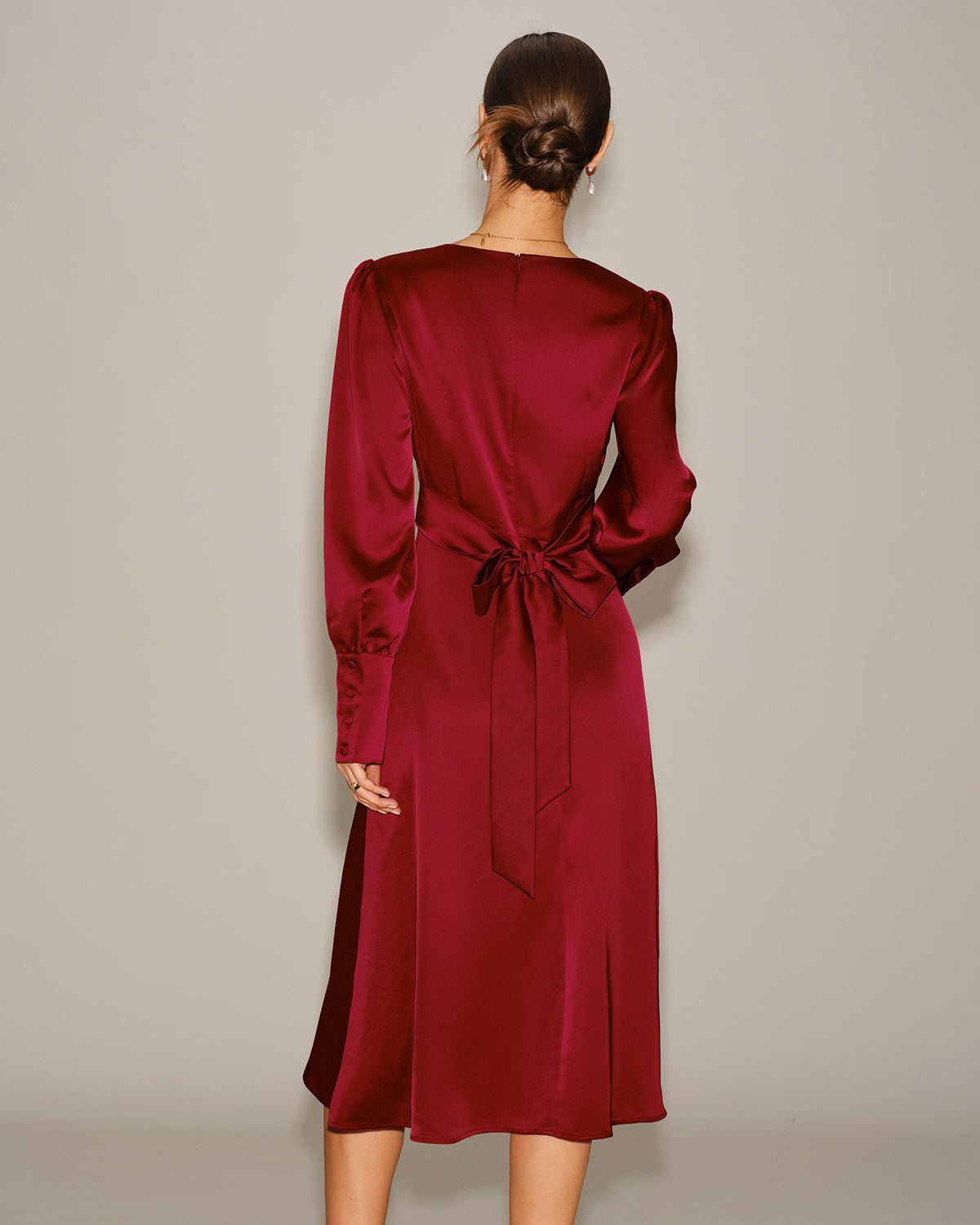 Wine Red Satin Midi Dress with A-Line Silhouette