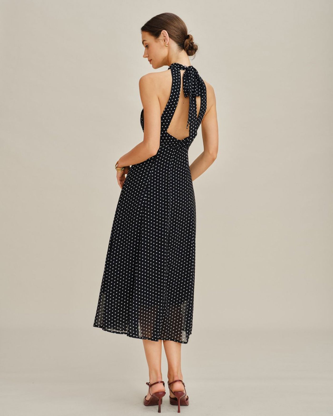Polka Dot Halter Midi Dress in Black