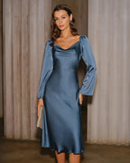 Blue A-Line Midi Dress with Cowl Neck