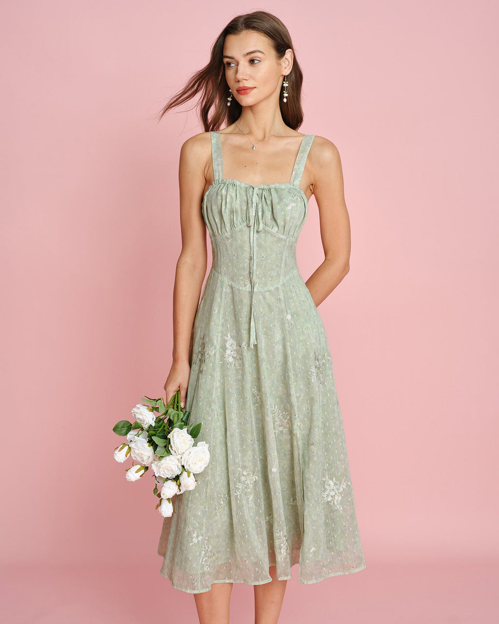 Green Jacquard A-Line Midi Dress with Slip Design