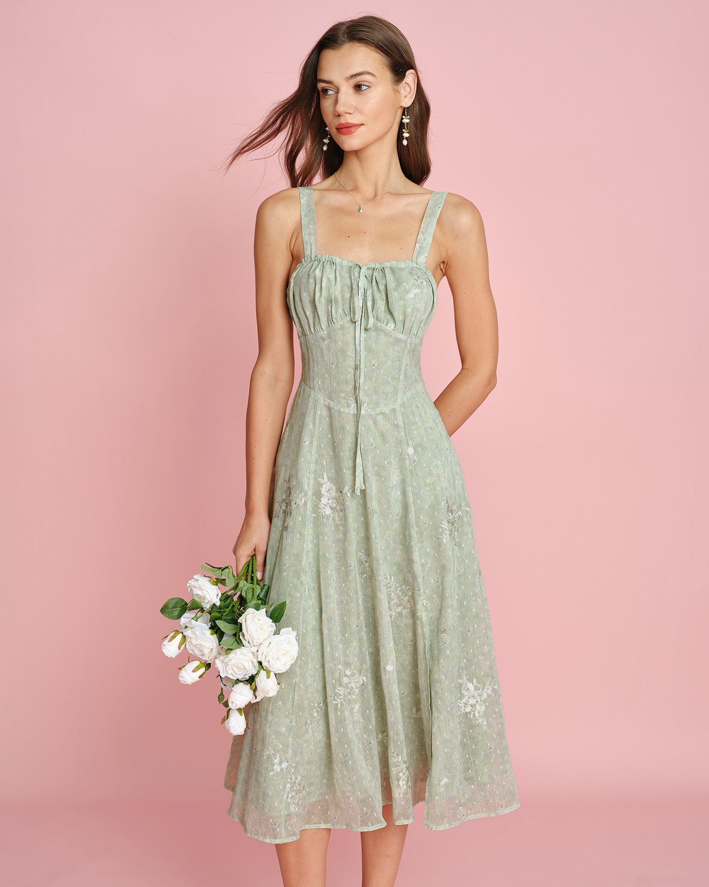 Green Jacquard A-Line Midi Dress with Slip Design